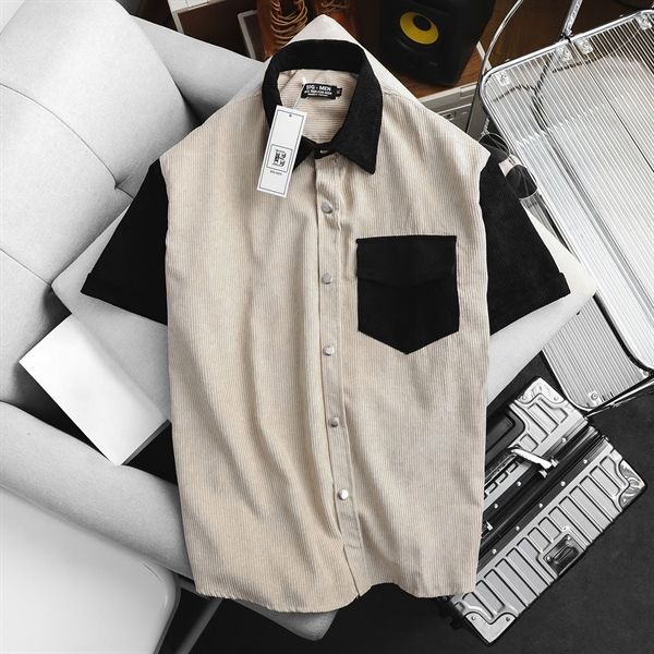 Áo sơ mi tay ngắn unisex phối túi vải nhung tăm thời trang 85-140kg
