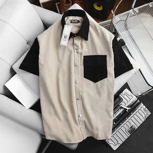 Áo sơ mi tay ngắn unisex phối túi vải nhung tăm thời trang 85-140kg