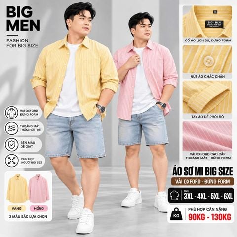 BIG MEN- Áo sơ mi tay dài vải oxford phối sọc màu pastel thời trang bigsize nam 95-135kg
