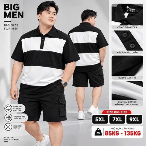 BIG MEN- Áo thun polo vải cotton phối sọc ngang màu đen trắng thời trang bigsize nam 85- 140kg