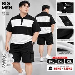 BIG MEN- Áo thun polo vải cotton phối sọc ngang màu đen trắng thời trang bigsize nam 85- 140kg