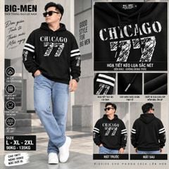 BIG MEN- Áo khoác hoodie màu đen chất vải nỉ cua kéo lụa họa tiết Chicago 77 bigsize nam 90- 135kg