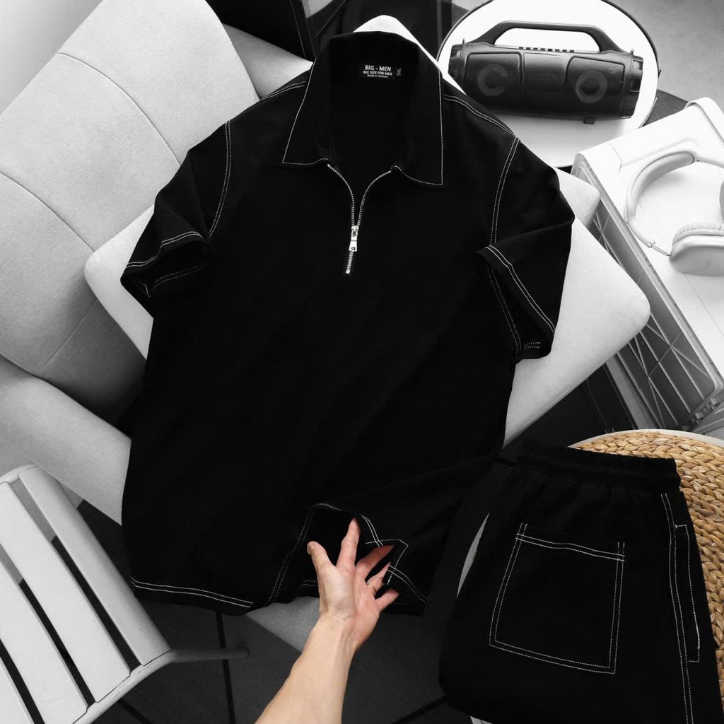 Big Men- Set bộ polo màu đen phối viền chỉ trắng thời trang bigsize nam 80- 130kg