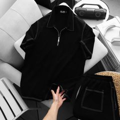 Big Men- Set bộ polo màu đen phối viền chỉ trắng thời trang bigsize nam 80- 130kg