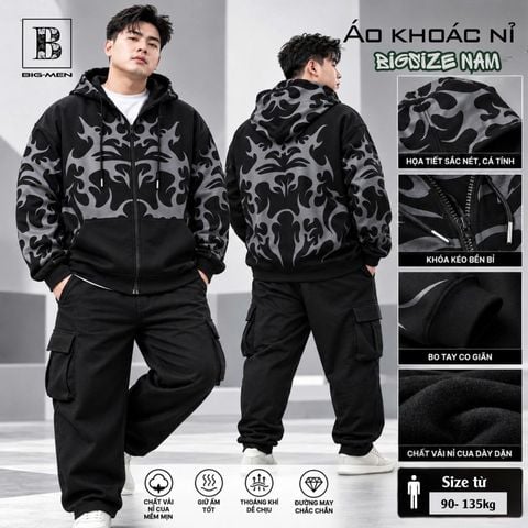 BIG MEN- Áo khoác vải nỉ cua họa tiết tribal, phong cách streetwear/y2k thời trang bigsize nam 90- 140kg_ Khoác lửa