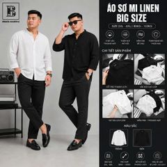 BIG MEN- Áo sơ mi tay dài vải linen thoáng mát phối cổ V thời trang bigsize nam 80- 130kg