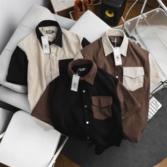 Áo sơ mi tay ngắn unisex phối túi vải nhung tăm thời trang 85-140kg