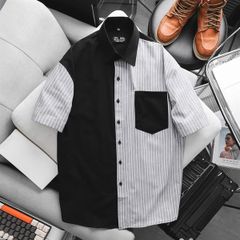 Áo sơ mi tay ngắn chất vải Oxford cao cấp có túi đen phối sọc xám thời trang bigsize nam 80 - 130 kg