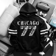 BIG MEN- Áo khoác hoodie màu đen chất vải nỉ cua kéo lụa họa tiết Chicago 77 bigsize nam 90- 135kg