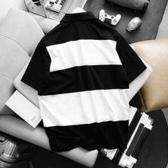 BIG MEN- Áo thun polo vải cotton phối sọc ngang màu đen trắng thời trang bigsize nam 85- 140kg