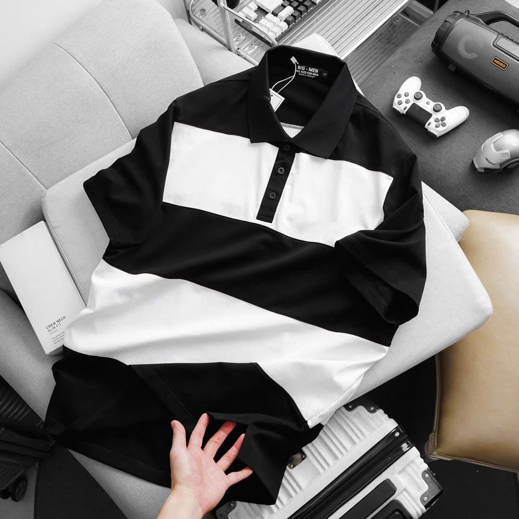 BIG MEN- Áo thun polo vải cotton phối sọc ngang màu đen trắng thời trang bigsize nam 85- 140kg