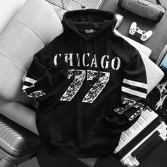 BIG MEN- Áo khoác hoodie màu đen chất vải nỉ cua kéo lụa họa tiết Chicago 77 bigsize nam 90- 135kg