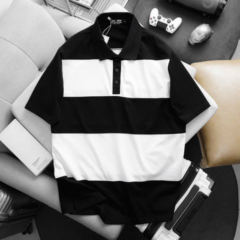 BIG MEN- Áo thun polo vải cotton phối sọc ngang màu đen trắng thời trang bigsize nam 85- 140kg