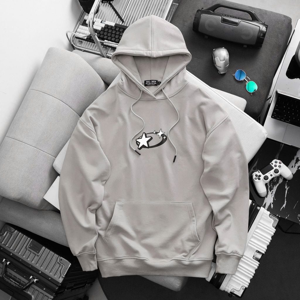 BIG MEN- Áo khoác hoodie màu be chất vải nỉ cua in hình ngôi sao hai mặt thời trang bigsize nam 90- 135kg