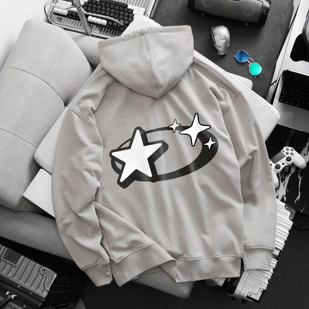 BIG MEN- Áo khoác hoodie màu be chất vải nỉ cua in hình ngôi sao hai mặt thời trang bigsize nam 90- 135kg