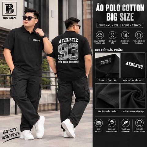 BIG MEN- Áo thun polo vải cotton in họa tiết Athleltic hai mặt thời trang bigsize nam 85- 145kg