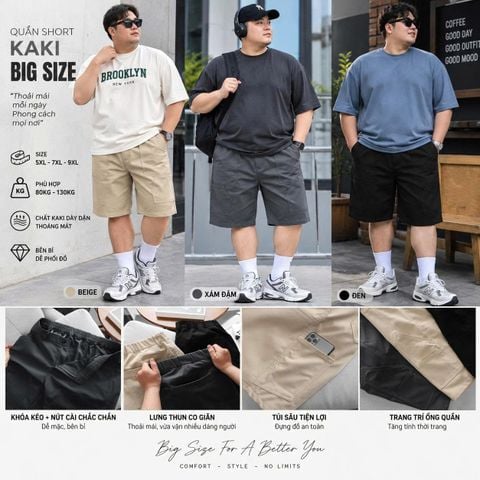 BIG MEN- Quần short kaki lưng thun phối đắp túi form qua gối thời trang bigsize nam 90- 130kg