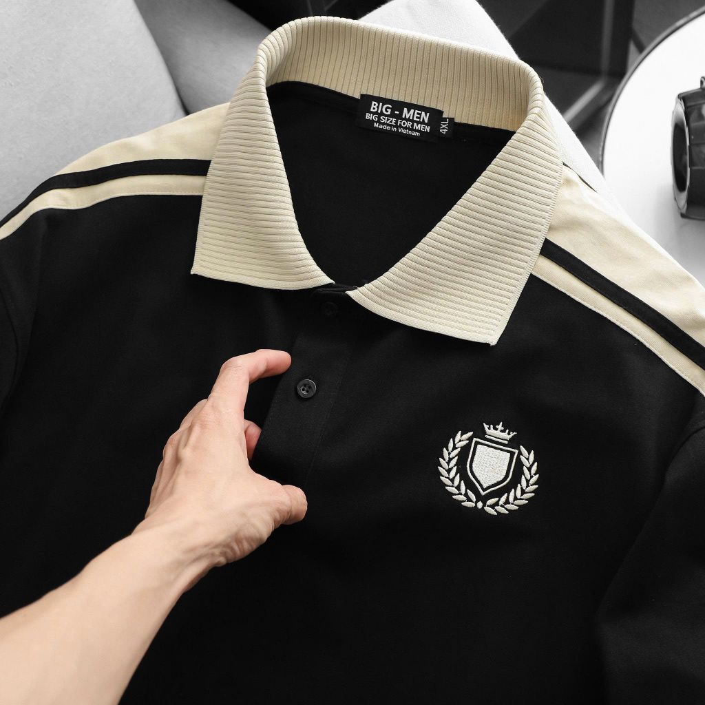 BIG MEN- Áo thun polo phối thân thêu huy hiệu thời trang bigsize nam 80- 130kg