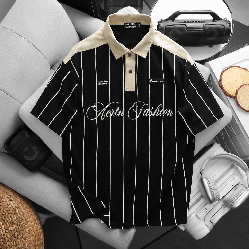 BIG MEN- Áo thun polo vải cotton sọc dọc phối chữ Aertu Fashion bigsize nam 85- 135kg