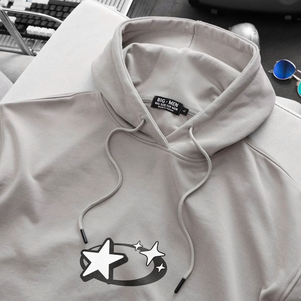 BIG MEN- Áo khoác hoodie màu be chất vải nỉ cua in hình ngôi sao hai mặt thời trang bigsize nam 90- 135kg