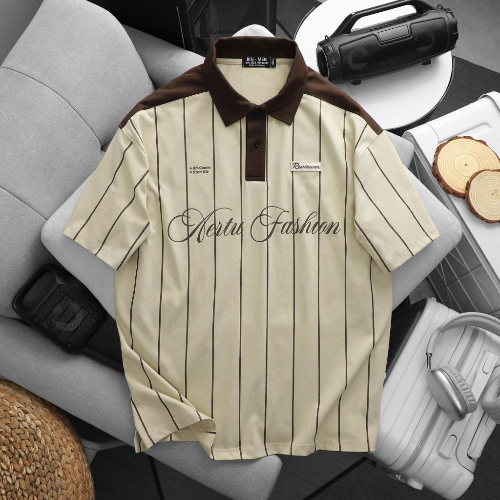 BIG MEN- Áo thun polo vải cotton sọc dọc phối chữ Aertu Fashion bigsize nam 85- 135kg
