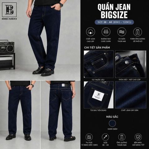 BIG MEN- Quần jean dài tông xanh mực form ống đứng thời trang bigsize nam80- 130kg_ mã 06