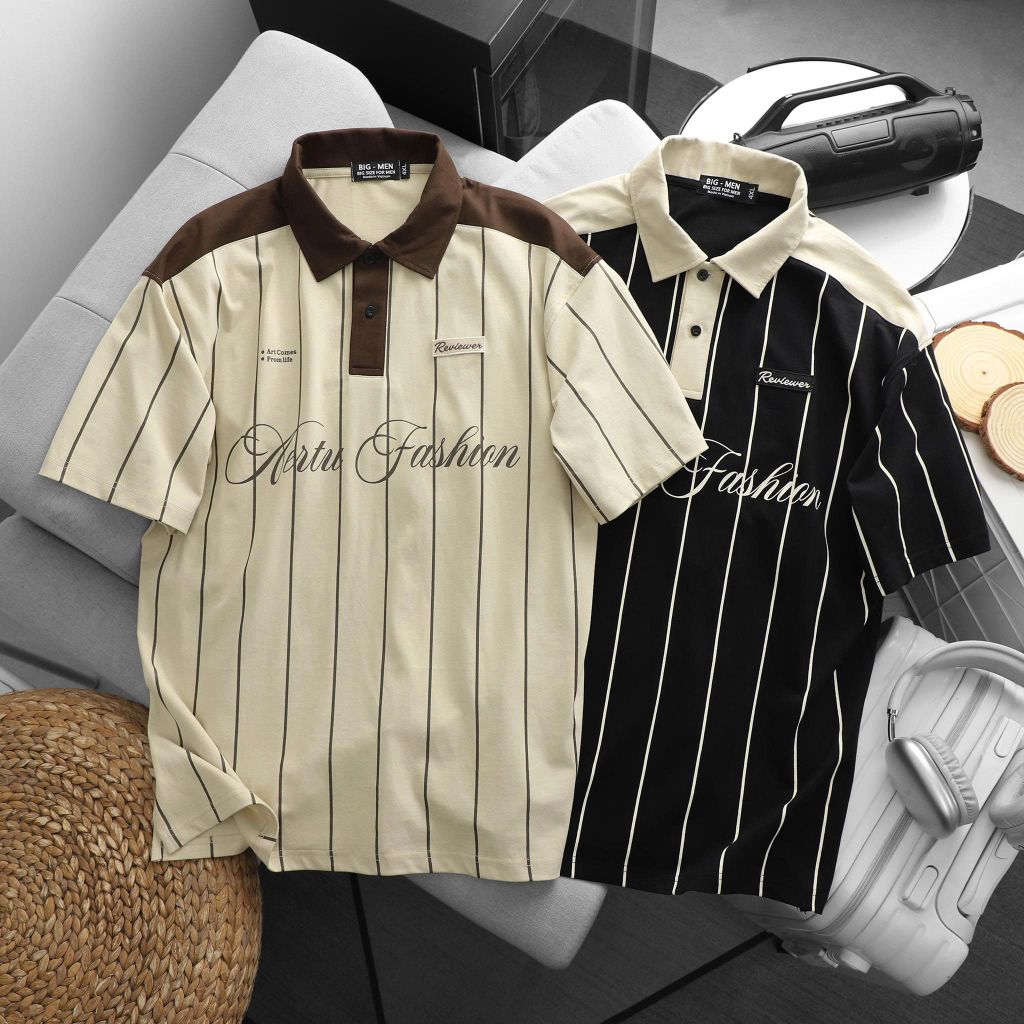 BIG MEN- Áo thun polo vải cotton sọc dọc phối chữ Aertu Fashion bigsize nam 85- 135kg