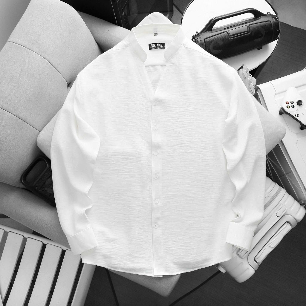 BIG MEN- Áo sơ mi tay dài vải linen thoáng mát phối cổ V thời trang bigsize nam 80- 130kg