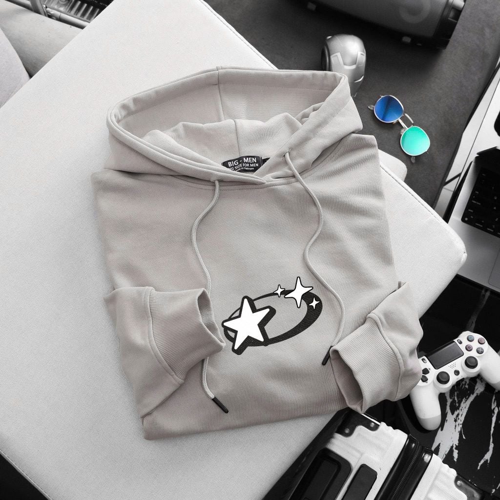 BIG MEN- Áo khoác hoodie màu be chất vải nỉ cua in hình ngôi sao hai mặt thời trang bigsize nam 90- 135kg
