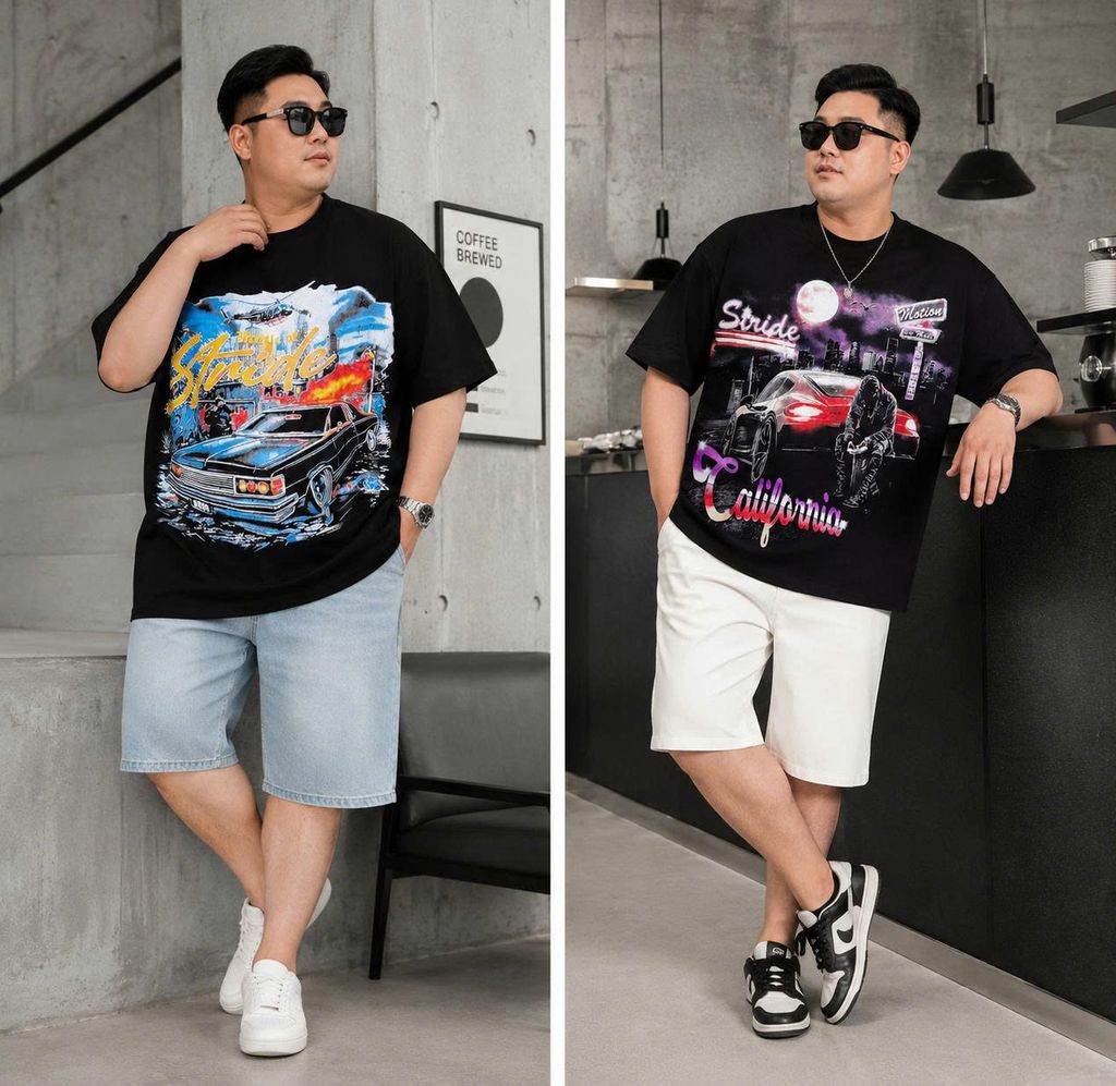 BIG MEN- Áo thun cotton in lụa toàn thân họa tiết Stride+ Motion thời trang retro bigsize 85- 145kg