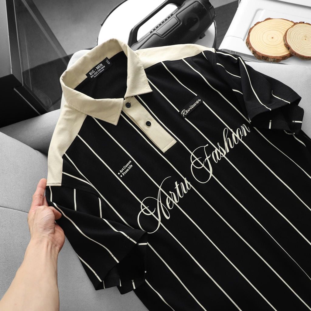BIG MEN- Áo thun polo vải cotton sọc dọc phối chữ Aertu Fashion bigsize nam 85- 135kg