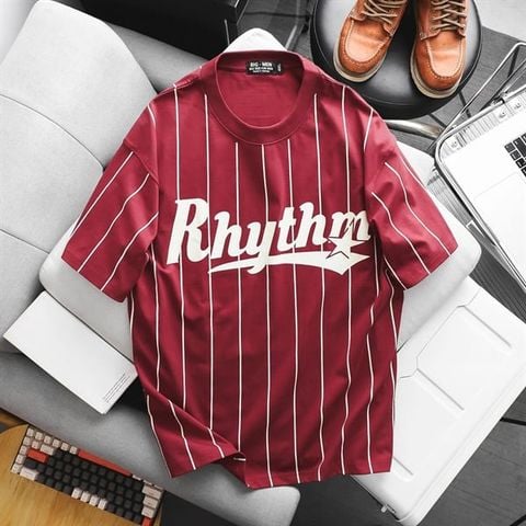[ Big Men] Áo thun cotton màu đỏ phối sọc in lụa Rhythm thời trang bigsize nam 85- 135 kg