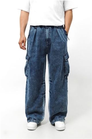 [Big Men] Quần jean dài màu xanh wash lưng thun túi hộp form nhỏ thời trang bigsize nam 70- 100 kg