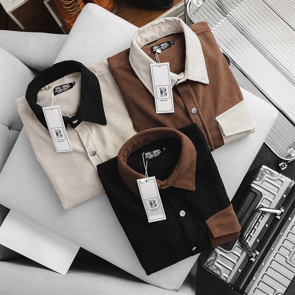 Áo sơ mi tay ngắn unisex phối túi vải nhung tăm thời trang 85-140kg