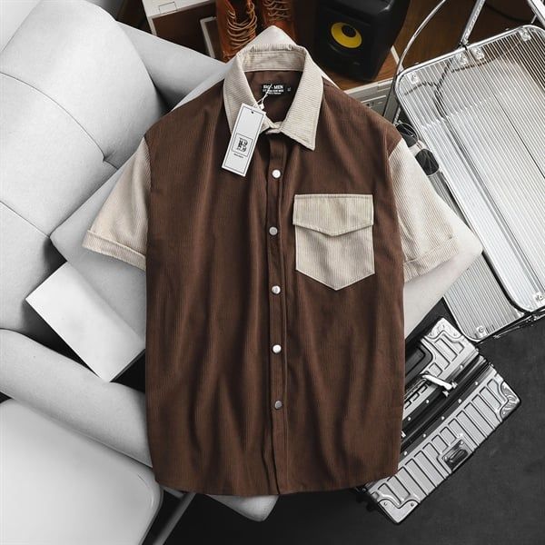 Áo sơ mi tay ngắn unisex phối túi vải nhung tăm thời trang 85-140kg