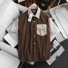 Áo sơ mi tay ngắn unisex phối túi vải nhung tăm thời trang 85-140kg