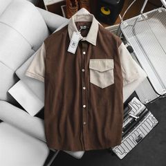 Áo sơ mi tay ngắn unisex phối túi vải nhung tăm thời trang 85-140kg