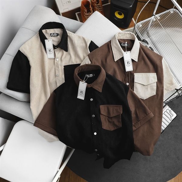 Áo sơ mi tay ngắn unisex phối túi vải nhung tăm thời trang 85-140kg