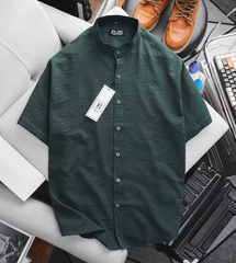 Sơ mi nam tay ngắn cổ trụ vải đũi nút gài bigsize (Mẫu 8)
