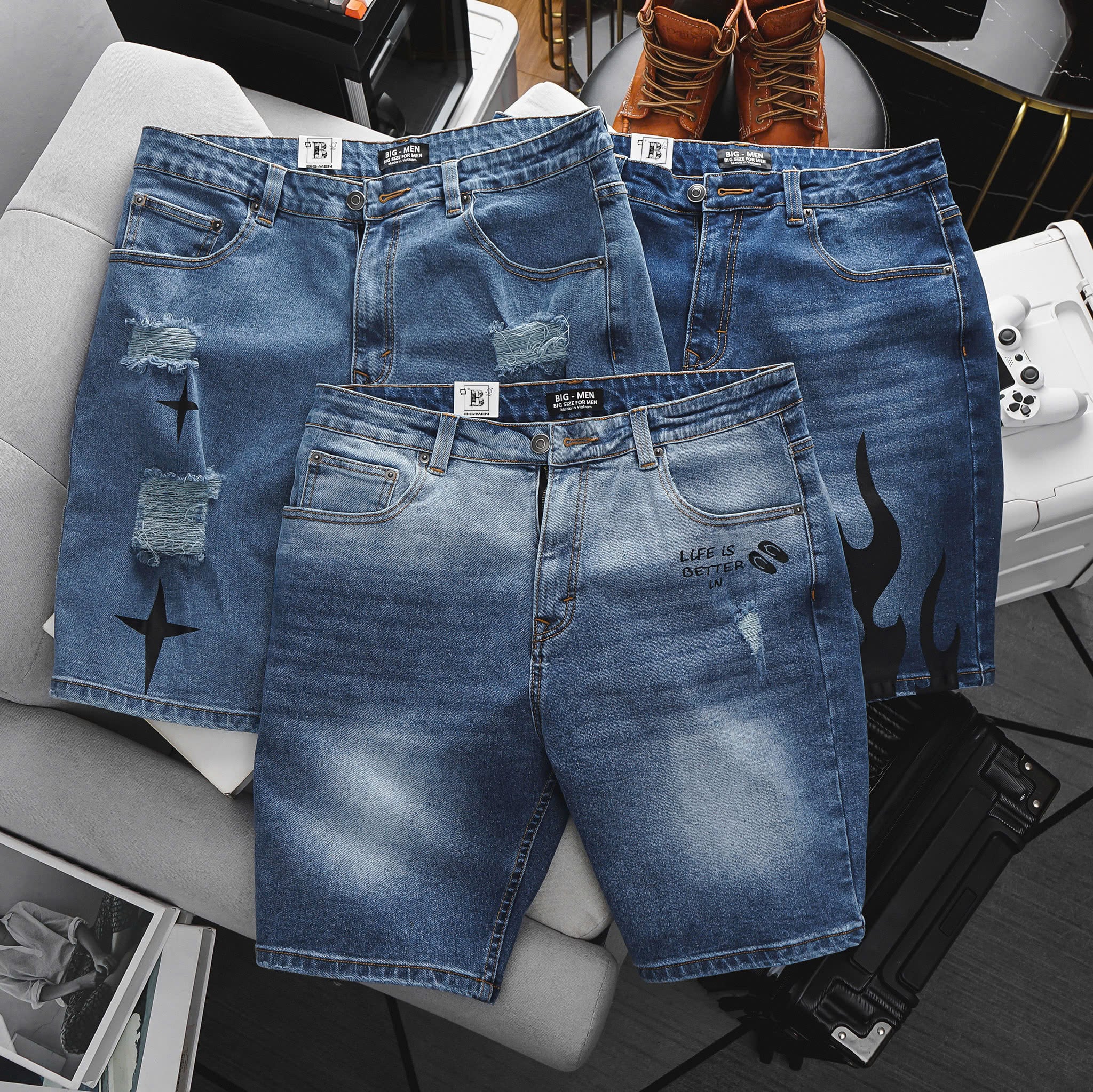 SALE 199K - Quần short jean tông xanh họa tiết cá tính bigsize nam 80- 130 kg