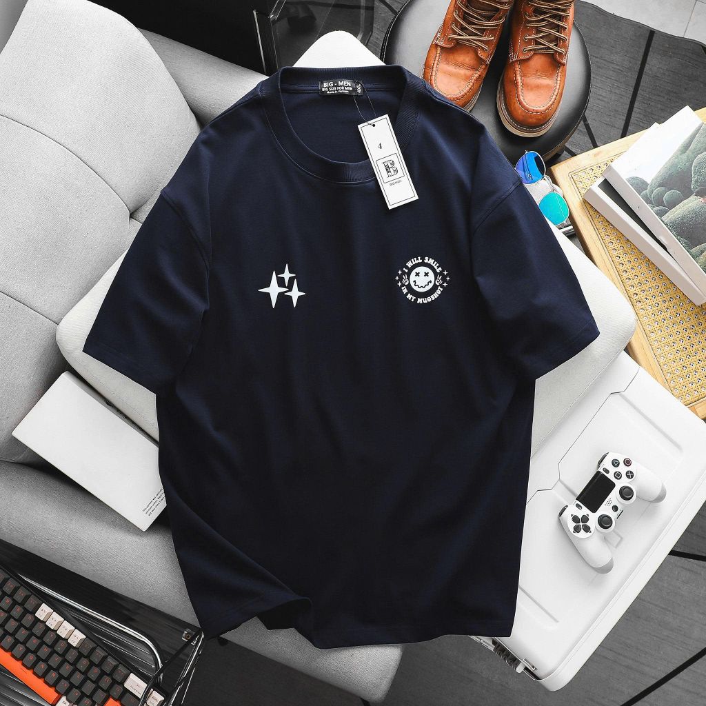 [ Big Size 85-135 kg] Áo thun cotton bigsize nam màu xanh đen in thời trang Big Men