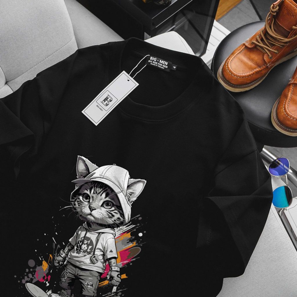 [ Big Size 75- 135 kg] Set bộ quần áo cotton bigsize nam in hình Mèo trượt ván cá tính thời trang Big Men