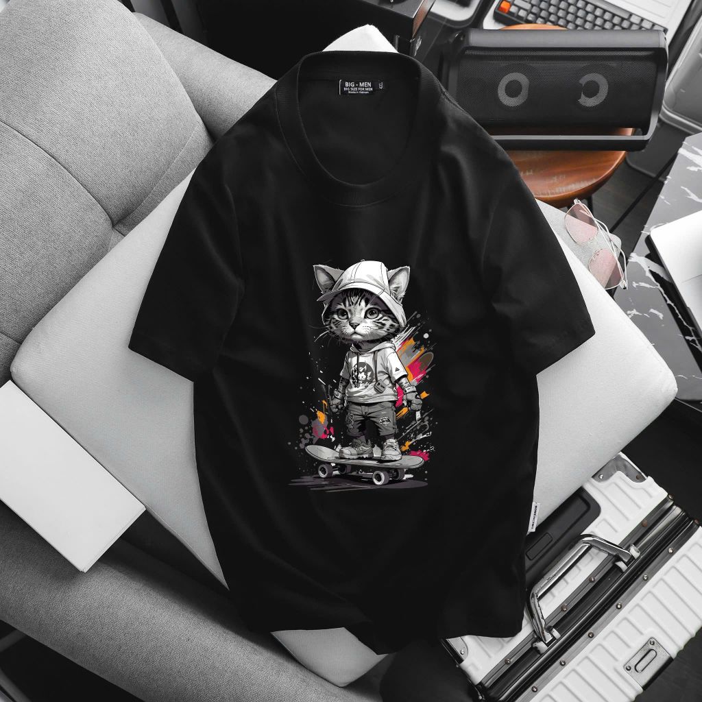 [ Big Size 75- 135 kg] Set bộ quần áo cotton bigsize nam in hình Mèo trượt ván cá tính thời trang Big Men