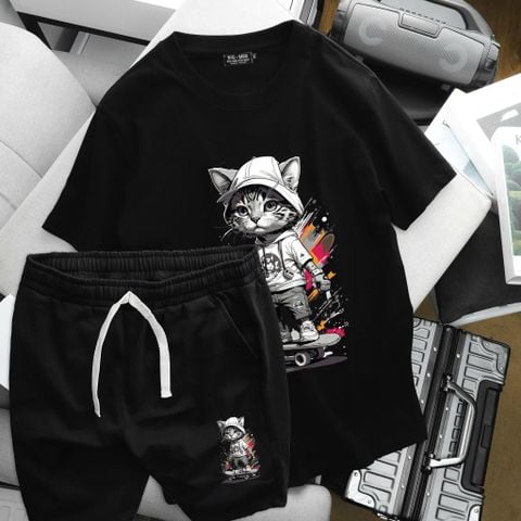 [ Big Size 75- 135 kg] Set bộ quần áo cotton bigsize nam in hình Mèo trượt ván cá tính thời trang Big Men