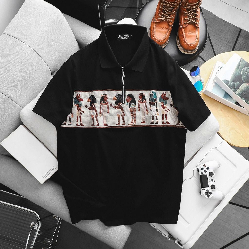 Áo thun polo bigsize nam dây kéo phối họa tiết Ai Cập thời trang 85-135kg