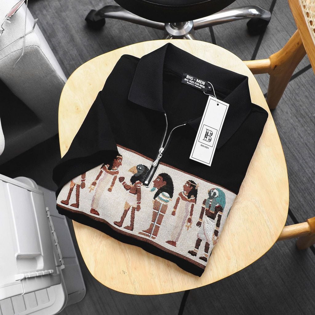 Áo thun polo bigsize nam dây kéo phối họa tiết Ai Cập thời trang 85-135kg