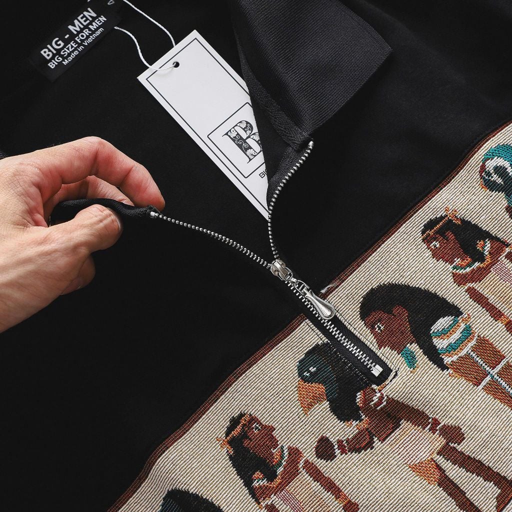 Áo thun polo bigsize nam dây kéo phối họa tiết Ai Cập thời trang 85-135kg