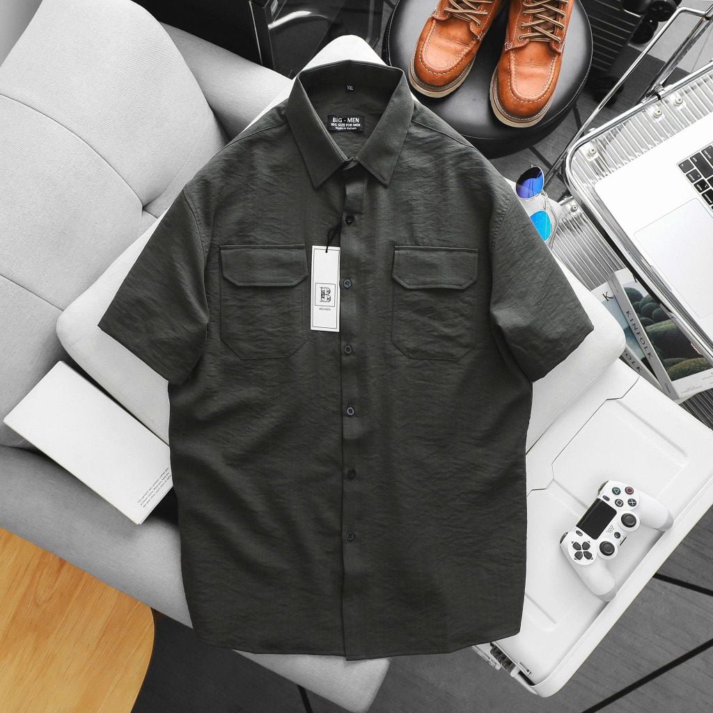 [bigmen] Áo sơ mi tay ngắn nam big size vải đũi cao cấp phối túi thời trang cỡ đại < 140kg - đũi SM 2 túi