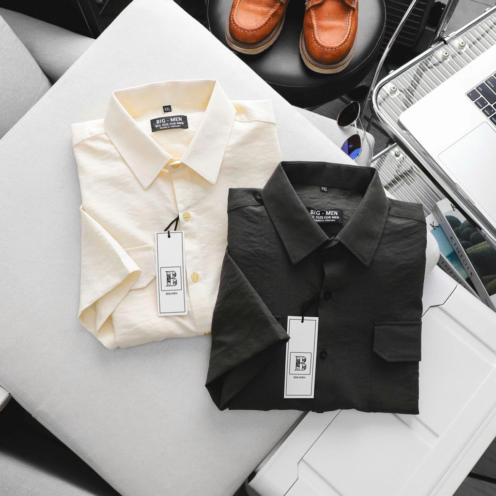 [bigmen] Áo sơ mi tay ngắn nam big size vải đũi cao cấp phối túi thời trang cỡ đại < 140kg - đũi SM 2 túi