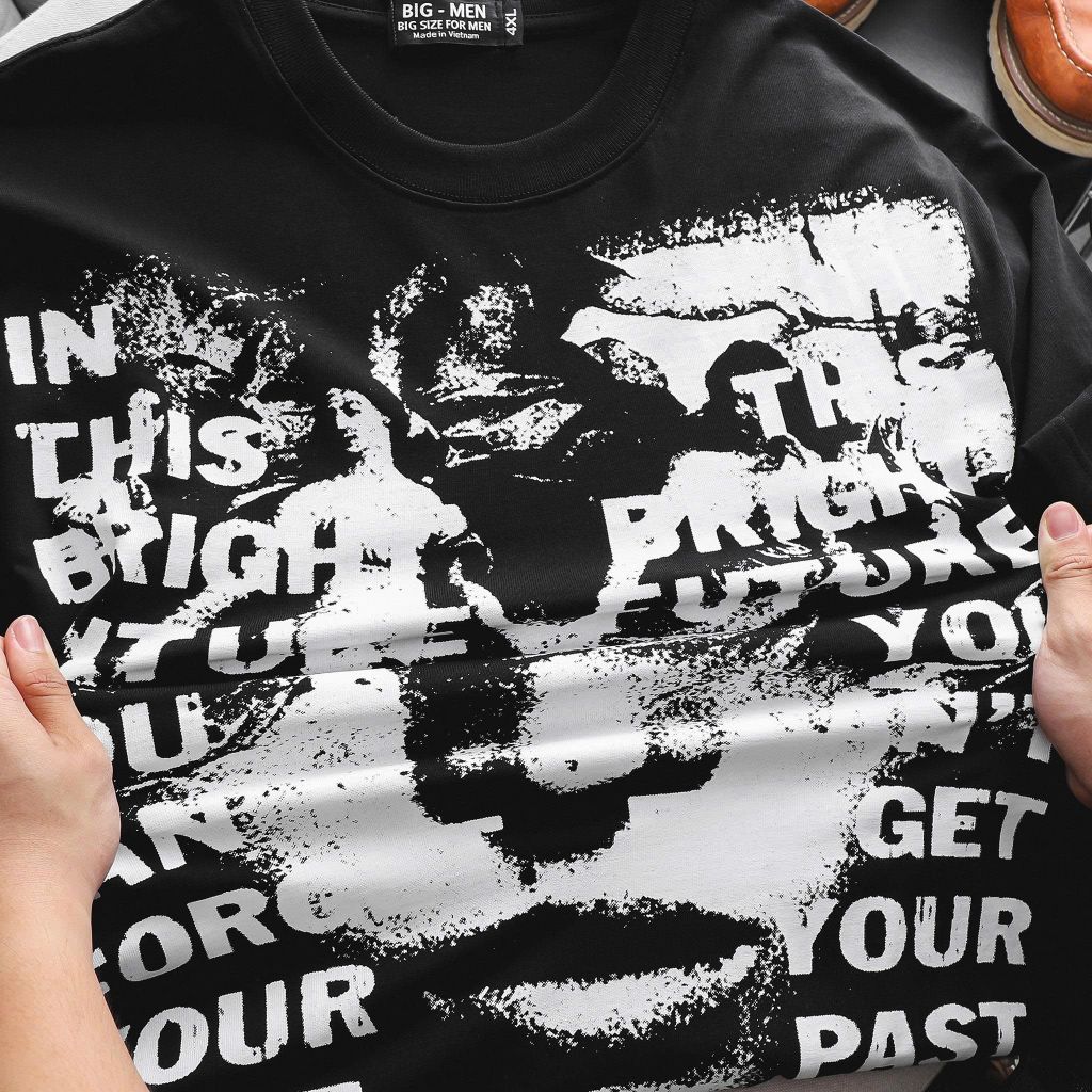 Áo thun cotton bigsize nam in lụa họa tiết mặt người trắng đen thời trang Big Men